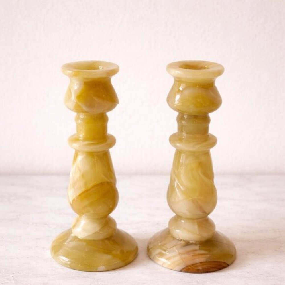 Vintage Banded Onyx Marble Candlestick Holders Set of 2 - 6” Tall - Picture 1 of 8
